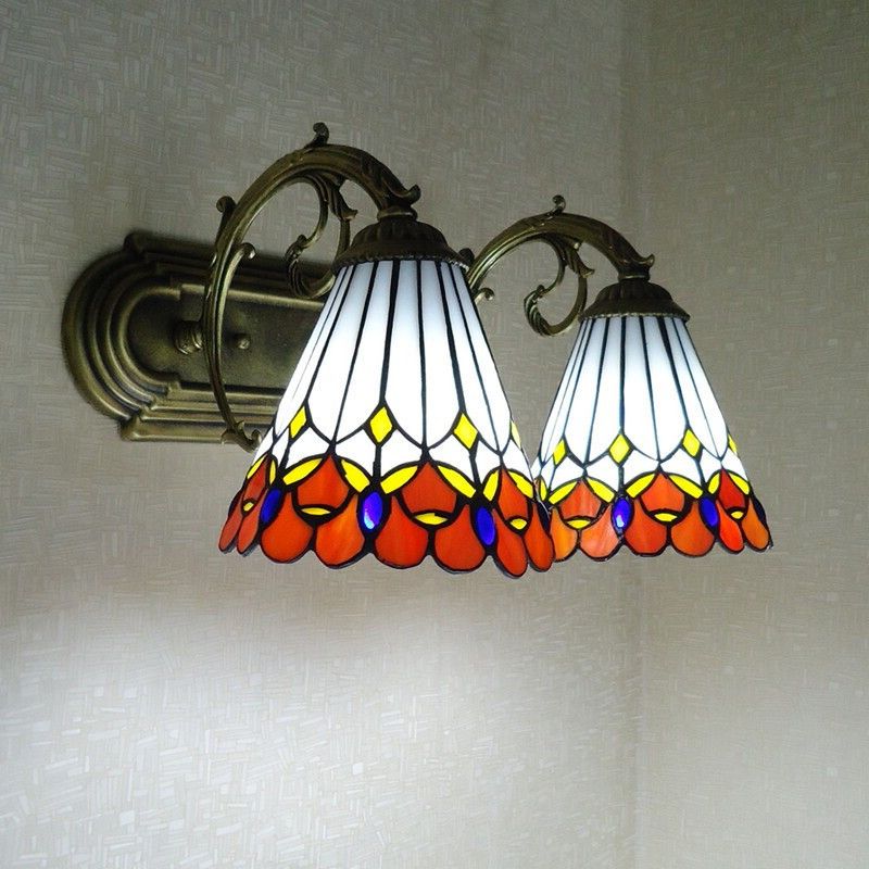 Conical Wall Sconce Light Stained Glass Tiffany Wall Lighting with Curving Arm in Red
