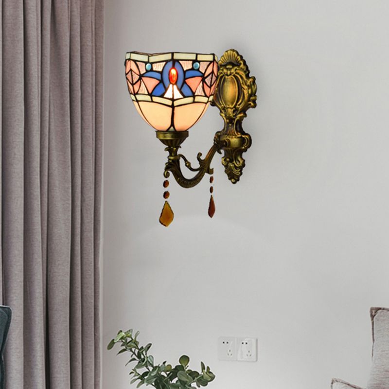 Stained Glass Bowl Wall Sconce Bedroom 1 Bulb Tiffany Classic Wall Lamp in White with Agate