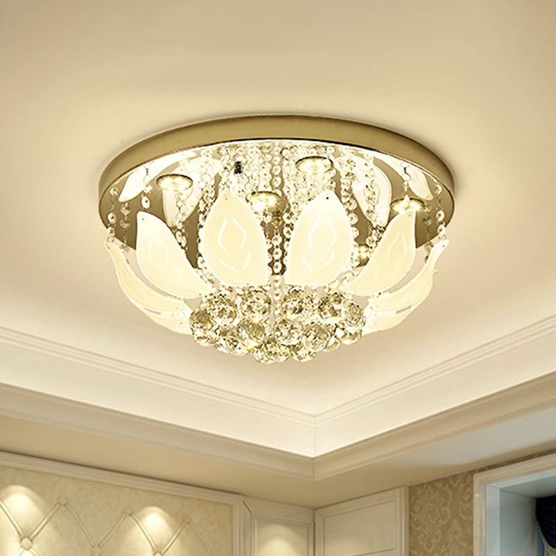 Contemporary Leave Ceiling Flush Clear Crystal Panel LED Bedroom Flush Mount Lighting Fixture in Gold