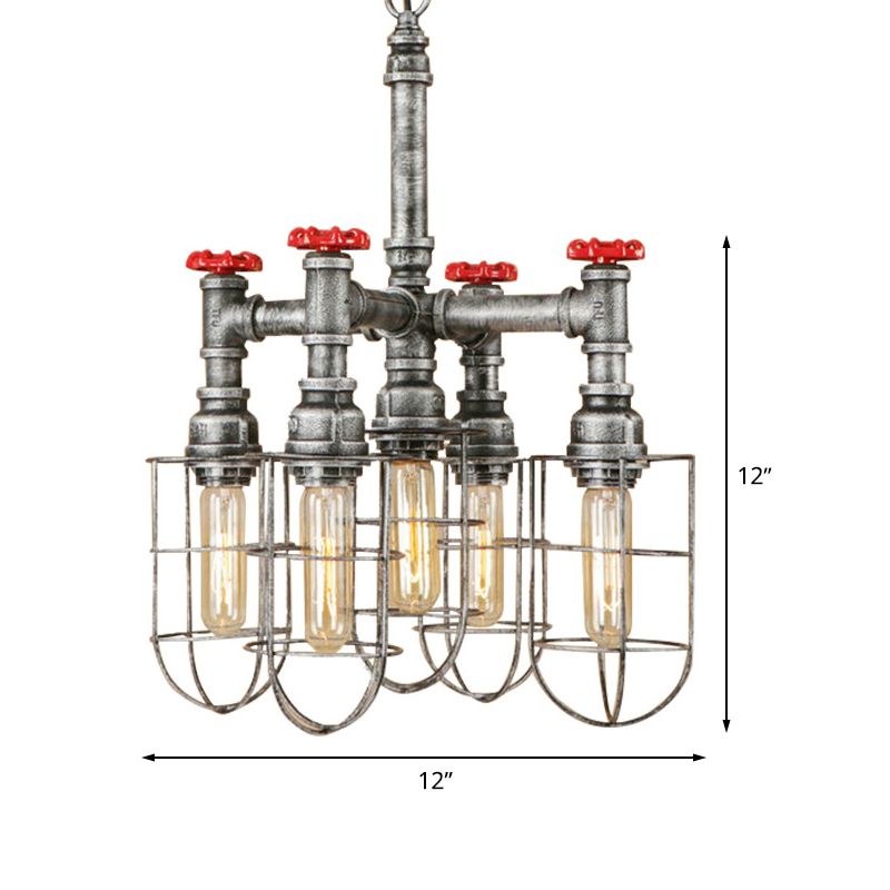 Silver 5 Heads Hanging Lighting Antiqued Metallic Piping Chandelier Pendant Lamp with Wire Cage