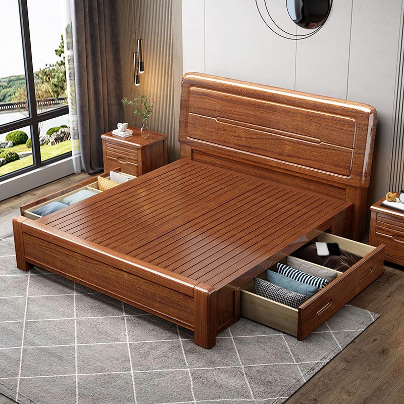 Panel Bed with Storage 43.30" High Brown Walnut Wood Bed in Brone