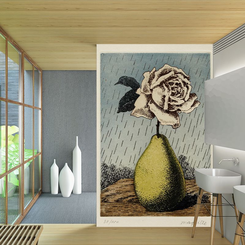 Giant Surrealist Wall Paper Murals Grey-Yellow Pear Vase with Blossom Rose Wall Covering, Size Optional