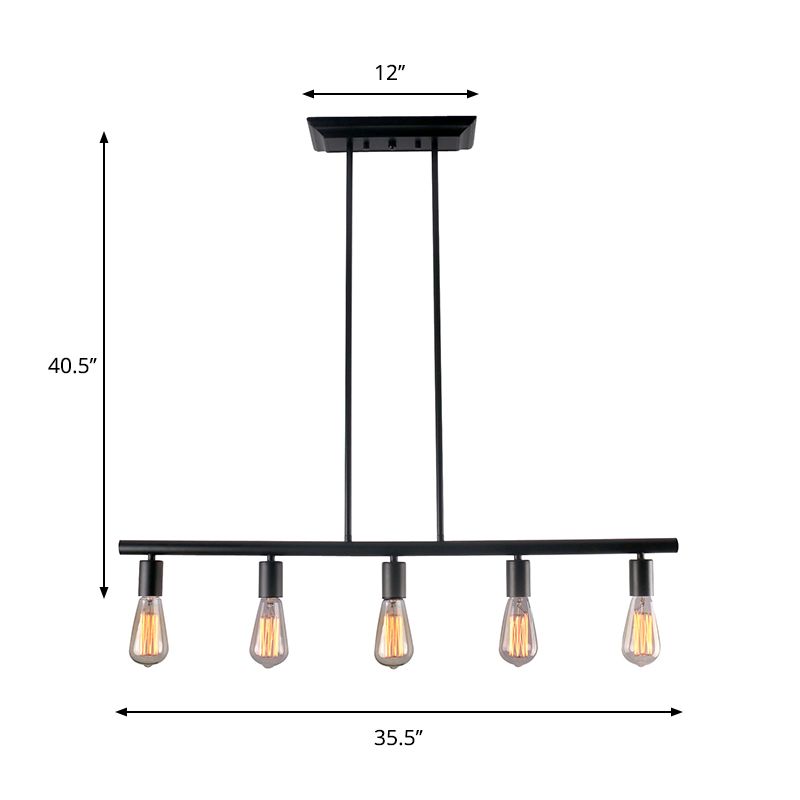 Black Finish Linear Island Lamp Vintage Style 5-Head Metallic Hanging Island Light with Bare Bulb for Dining Room