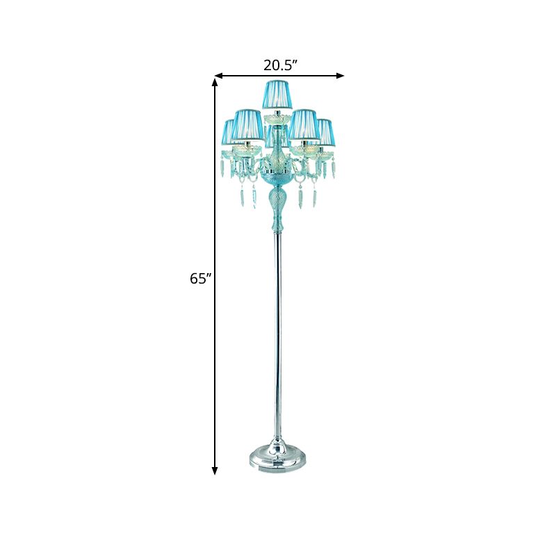 Blue 5/6/7-Bulb Standing Light Traditional Crystal Candelabra Reading Floor Lamp with Barrel Pleated Shade