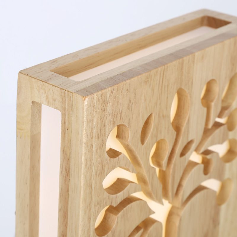 Square Flush Mount Wall Light Art Deco Wooden Corridor LED Sconce Lighting Fixture