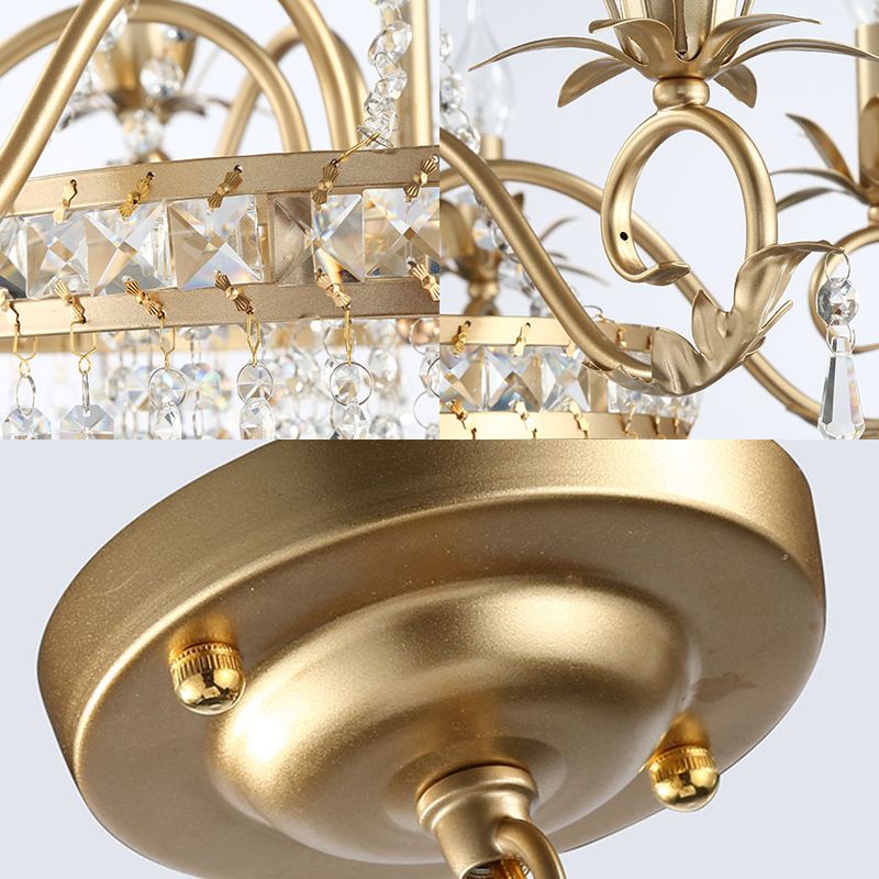 Candle Metal and Crystal Ceiling Light Traditional 3/6 Lights Living Room Chandelier Light with Gold Curve Arm
