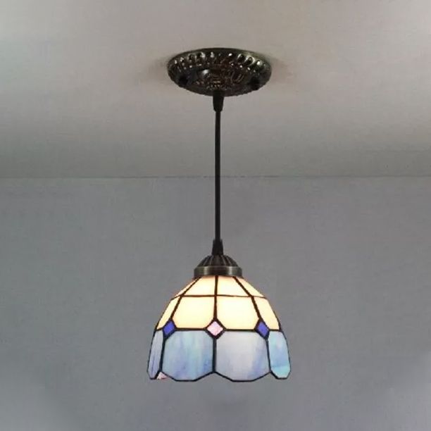 1 Bulb Ceiling Pendant Light Tiffany-Style Flower Handcrafted Stained Glass Suspension Lighting in Yellow/Light Blue/Dark Blue