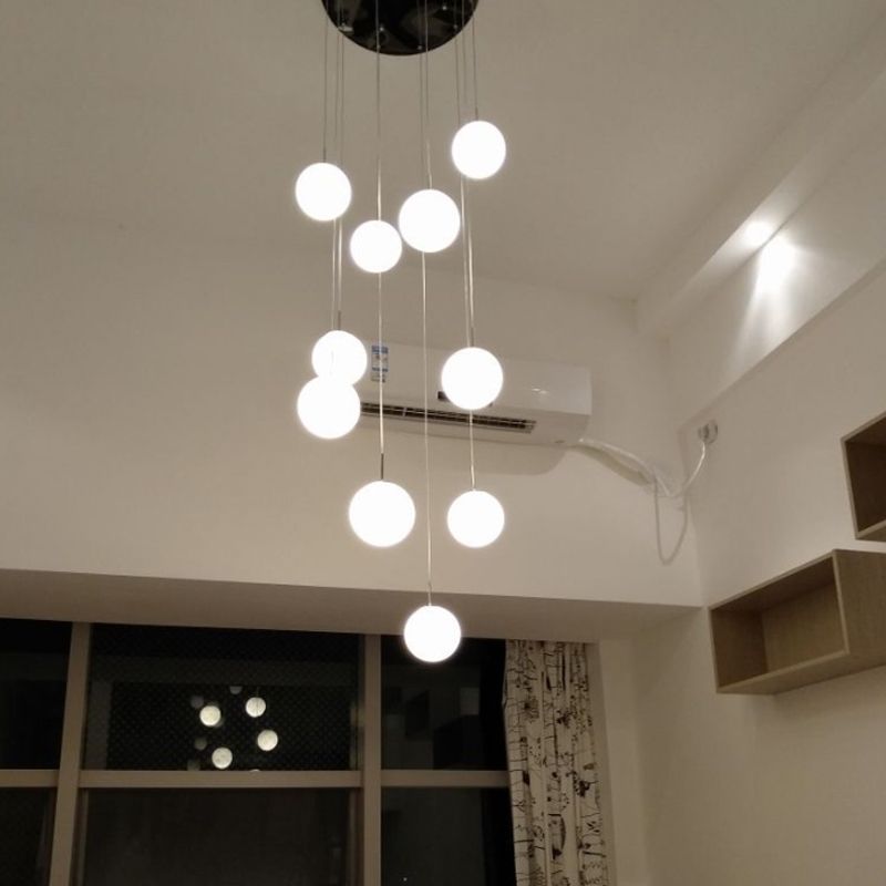 Silver 10 Heads Hanging Light Kit Modernism White Glass Meteor Shower Cluster Pendant Lamp