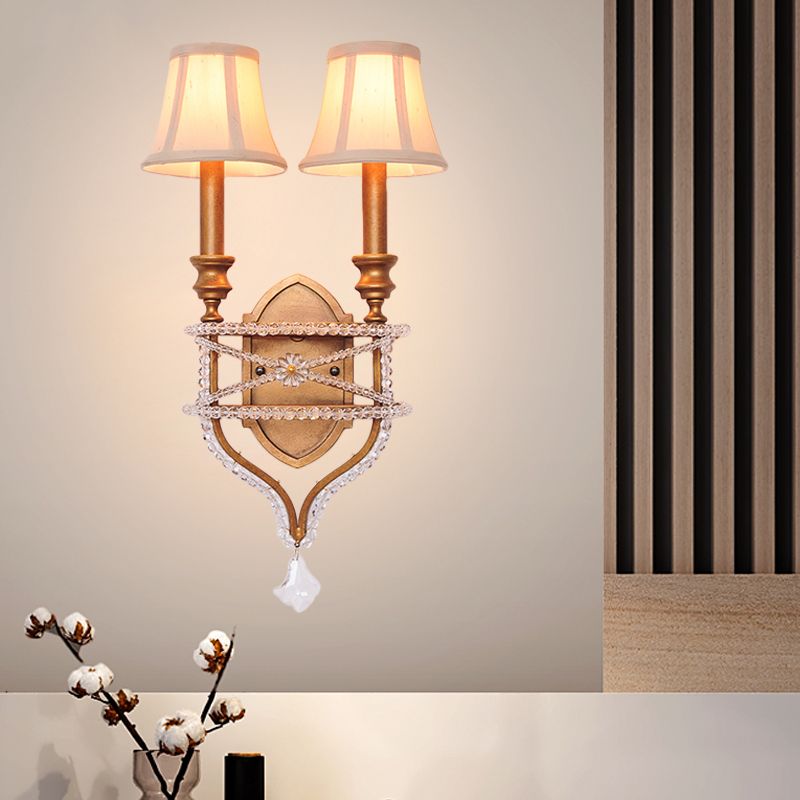 2 Lights Empire Shade Wall Light Vintage Gold/Silver Fabric Sconce Light with Crystal Accent