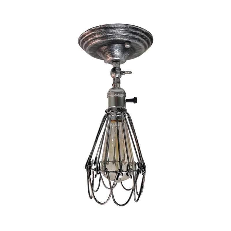Plafonnier semi-encastré en cage en fer forgé, style ferme, élégant, 1 lumière, luminaire de plafond pour chambre à coucher, rouille/argent vieilli