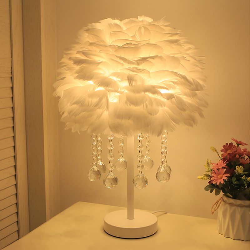 Hemisphere Feather Table Lamp Modern Single-Bulb Grey/White/Pink Night Light with Crystal Ball/Drop