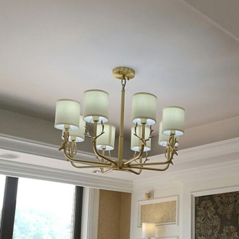 Modern Cylinder Shaped Suspension Light Fabric Living Room Chandelier Light Fixture with Antler Decor