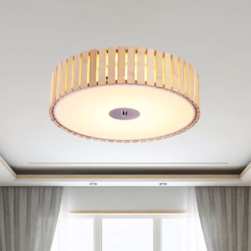 Bamboo Drum Shade Flush Mount Light Modern Style 15"/19" W LED Beige Ceiling Light Fixture for Living Room