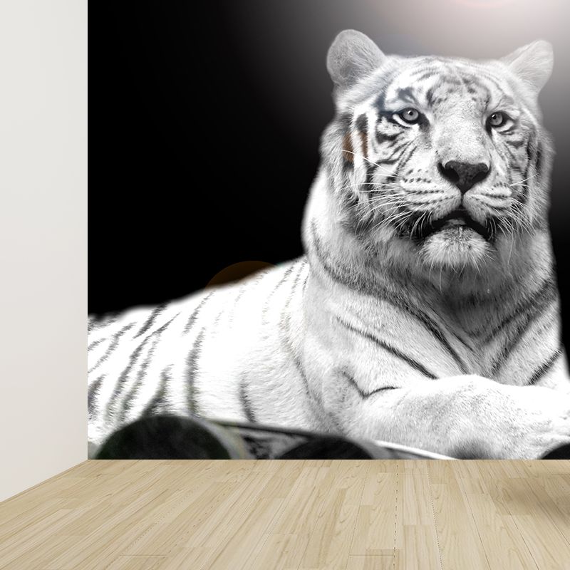 Peaceable Tiger Mural Wallpaper Black Contemporary Wall Covering for Living Room