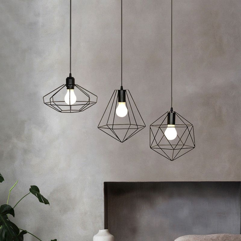 Farmhouse Wire Cage Ceiling Fixture 3 Lights Iron Pendant Light Fixture with Different Shade in Black