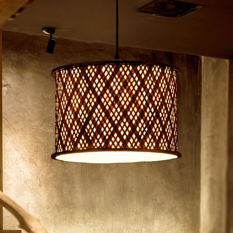Dark Brown Woven Suspension Pendant Contemporary 1 Bulb Bamboo Hanging Light Kit