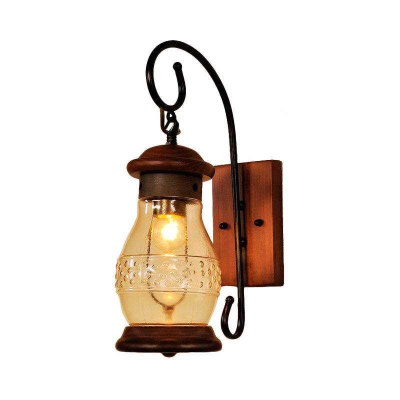 Copper Bottle Wall Sconce Light Industrial Tan Glass 1-Head Bedroom Wall Lamp with Curved Arm