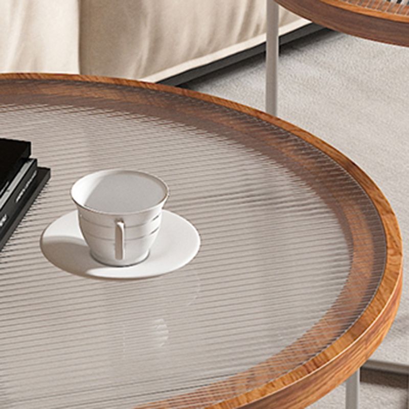 Round Glass Top Coffee Table Set Frame Cocktail Table with Wood Accent