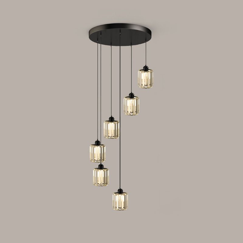 Contemporary Cylindrical Pendant Clear Crystal Multiple Hanging Ceiling Light for Spiral Stair