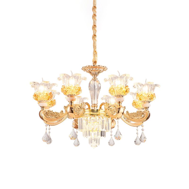 Kristalbloemen omhoog kroonluchter traditionele 8 bollen woonkamer hanglamp lamp in goud in goud