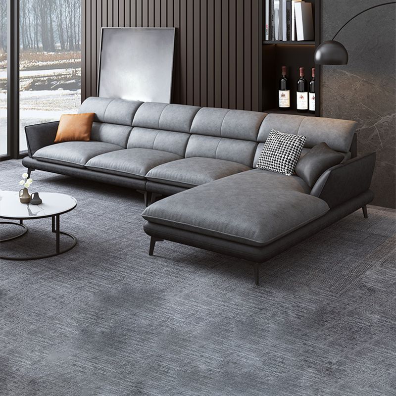 Flared Arm Sofa & Chaise Modern Faux Leather Sofa in Dark Grey