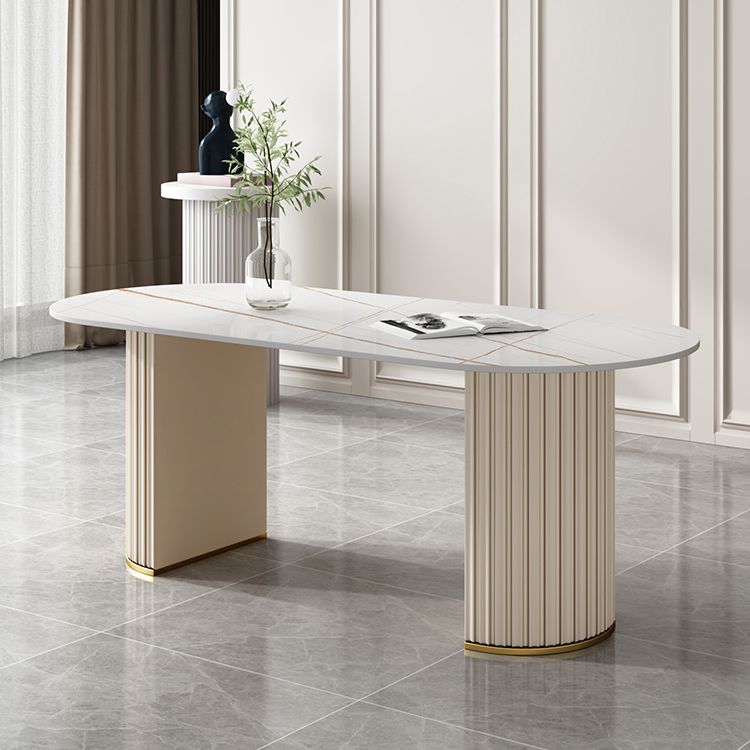 Tavolo da pranzo ovale moderno tavolo da pranzo in pietra sinterizzato con doppio piedistallo bianco