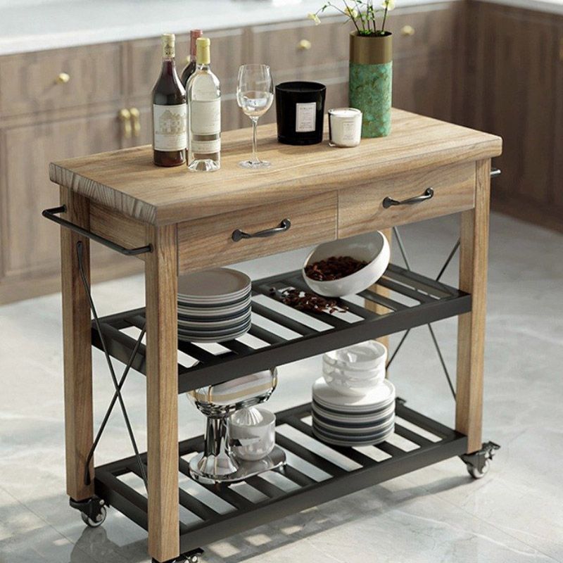 Open Storage Kitchen Trolley Rolling Prep Table with Open Shelves
