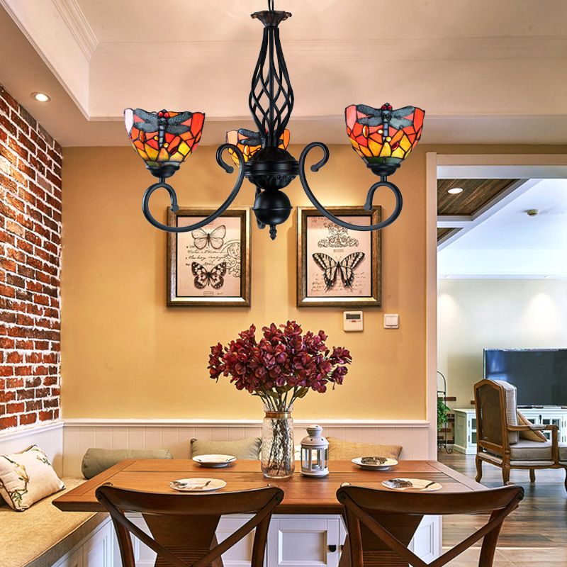 Buntglas Dragonfly Suspension Light mit gekrümmter Arm Lodge Style Multi -Farb -Kronleuchter für Foyer