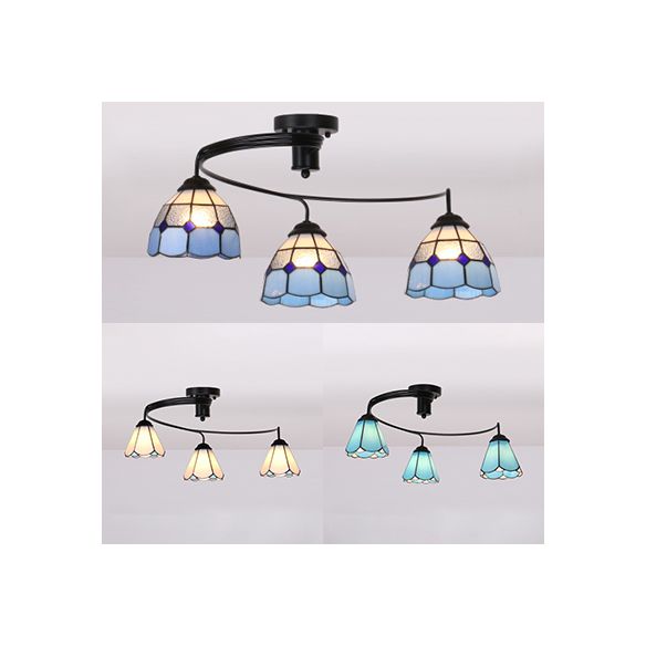 Beflecktes Glas Halbflushmount mit Schatten 3 Lichter Tiffany Style Halbbündige Deckenleuchte in Weiß/Klar/Blau