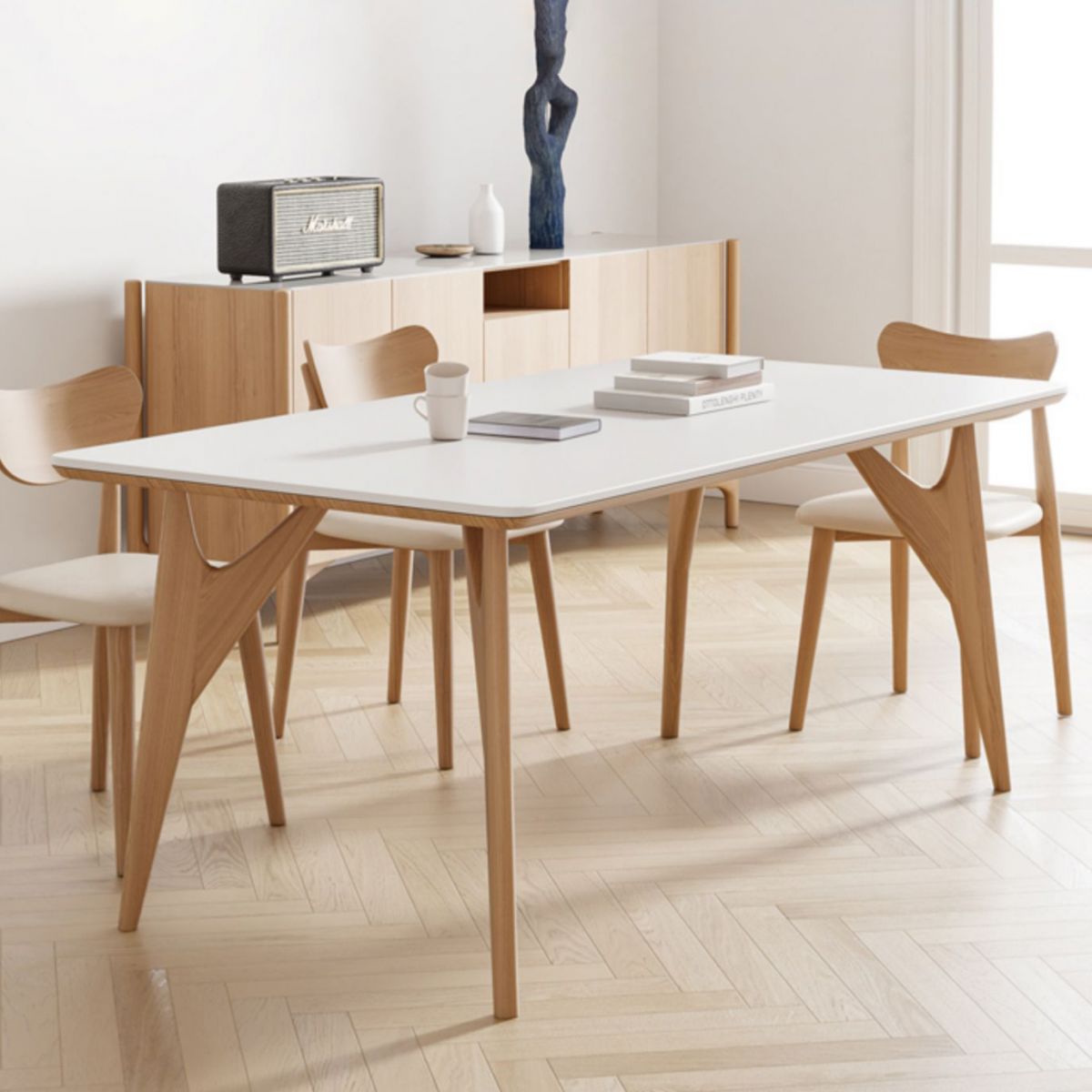 Modern Rectangular White Stone Top Dining Table with 4 Ash Legs