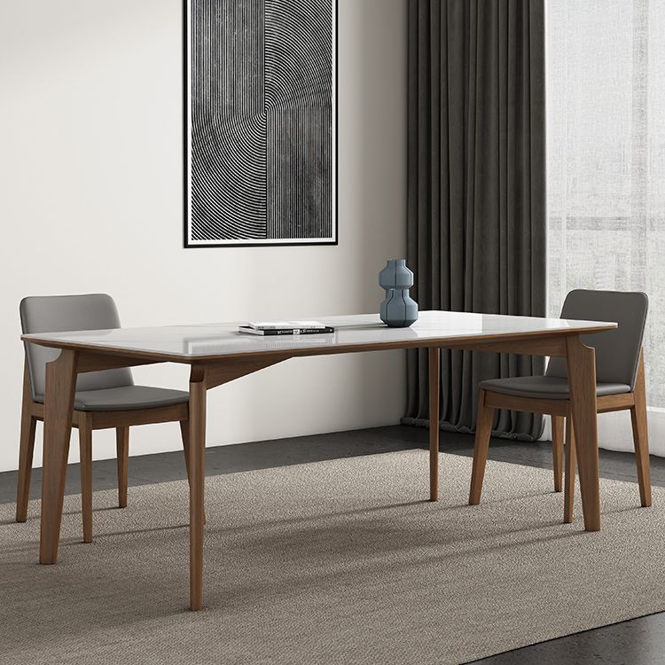 Mid-Century Modern Rectangle Dining Table White Sintered Stone Table with 4 Ash Solid Wood Legs