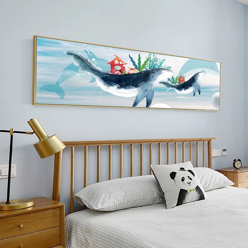 Fantasy Flying Whale Canvas Cartoon Textured Wall Art Print in Soft Color for Kids Room