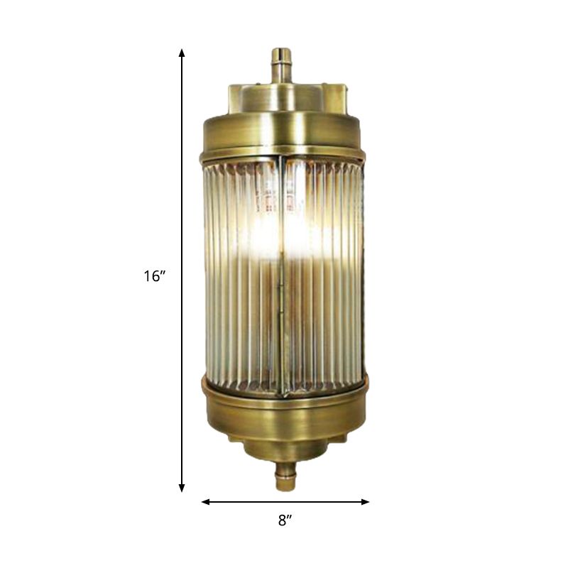 16"/23.5" H Ribbed Glass Golden Wall Mount Lamp Cylinder 1 Head Colonial Sconce Lighting
