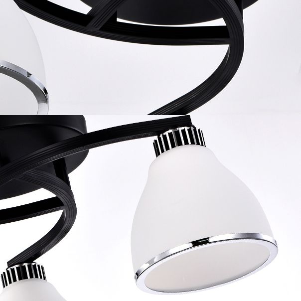Modern Bell Shaped Flush Lamp White Glass Living Room Semi Flush Ceiling Light in Black