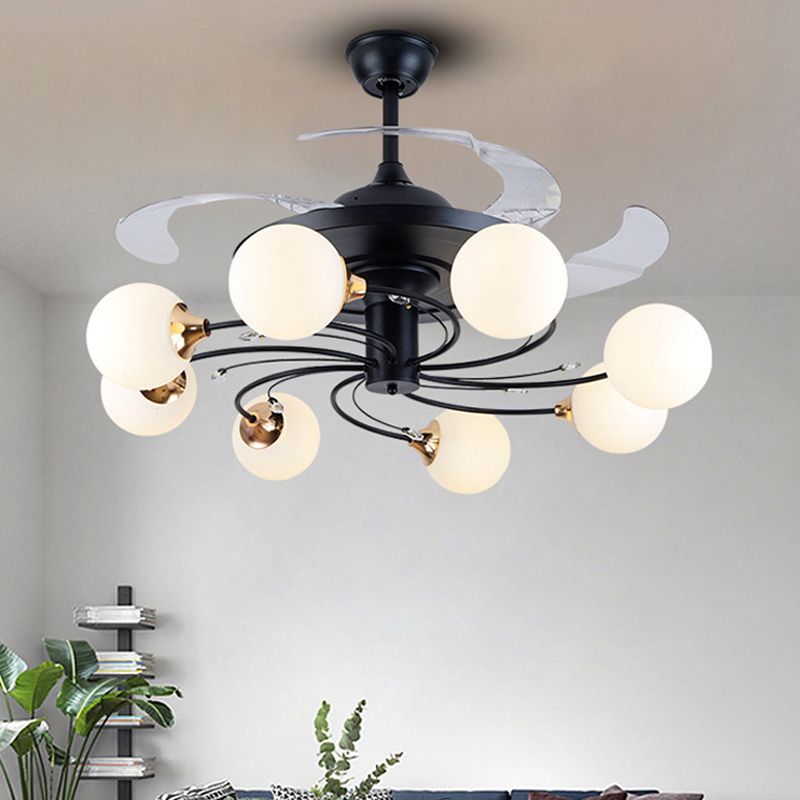 Global Semi Flush Minimalist White Glass 8 Lichter Wohnzimmer Hängende Leuchte Leuchte in schwarz, 42 "breit