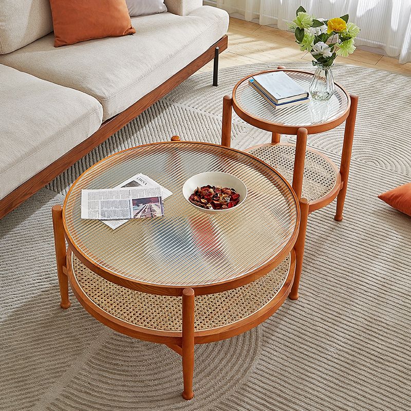 Modern 4 Legs Wood Base Glass Round Top Coffee Table for Apartment