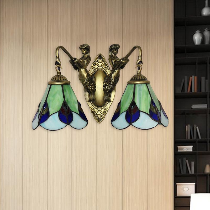 Green Glass Flower Wall Mounted Light Tiffany 2 Heads Antique Brass Sconce Lighting