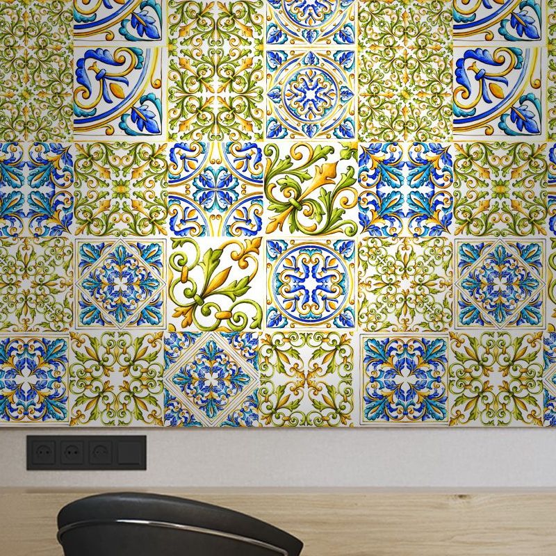 Blue-Green Boho Wallpaper Panel 4.3-sq ft Moroccan Tiles Wall Covering for Dining Room, Stick On