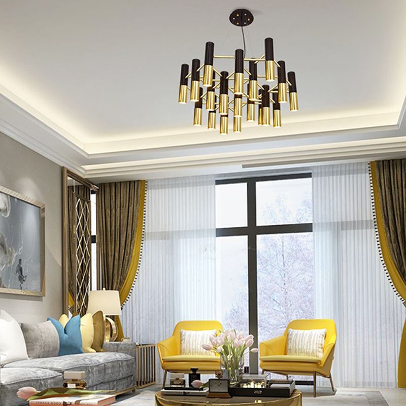 Postmodern Black-Gold Chandelier Metal Tubular Living Room Suspension Light