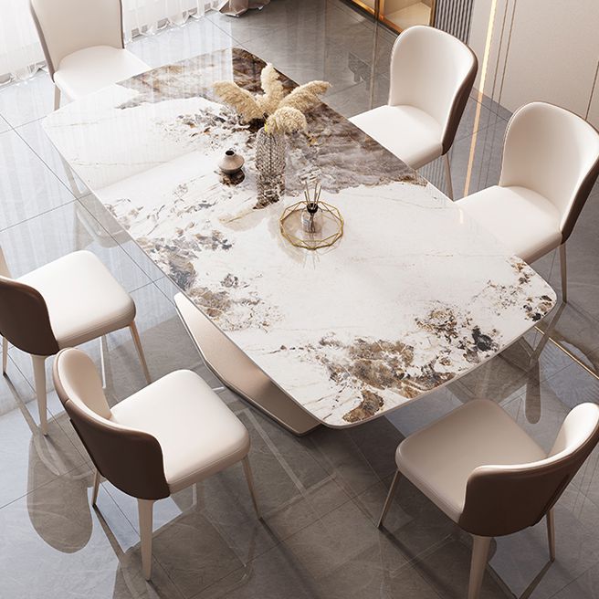 Rectangular Luxury White Stone Top Dining Table with Metal Pedestal