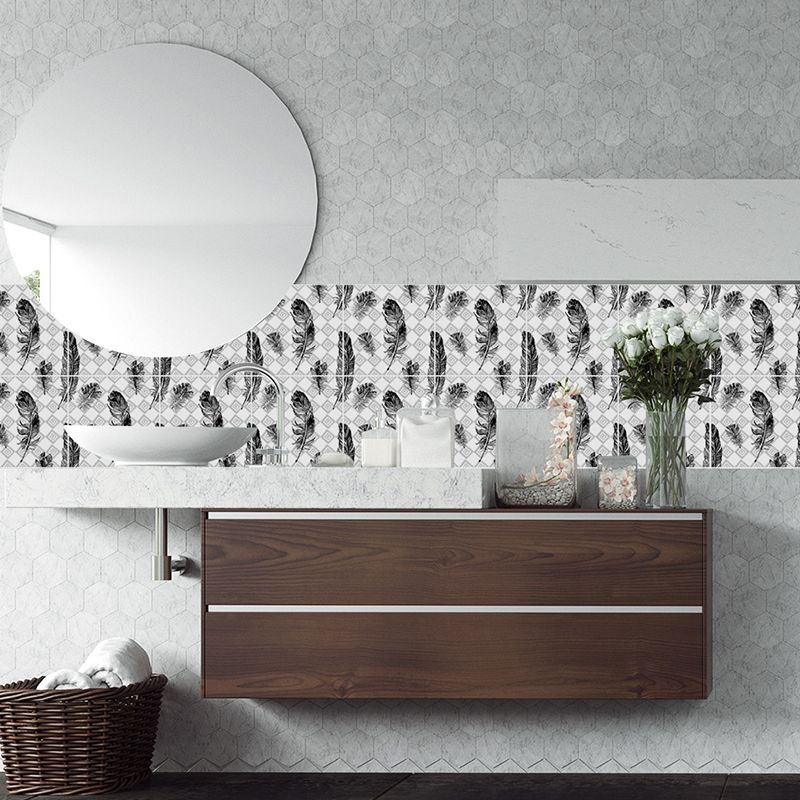 Modernist Feathers Stick Wallpaper Panel Black-Grey-White Tiles Wall Covering for Bath