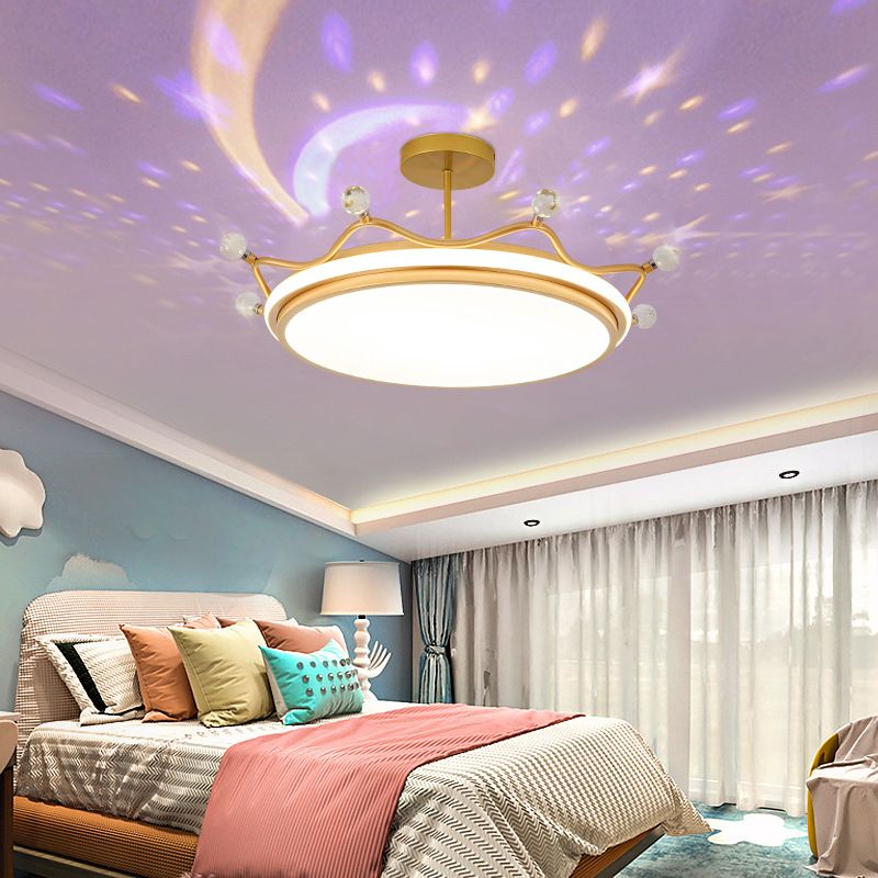 Crown Semi-Flush Ceiling Light with RGB Sky Projection Design Cartoon Flush Mount Light Fixture