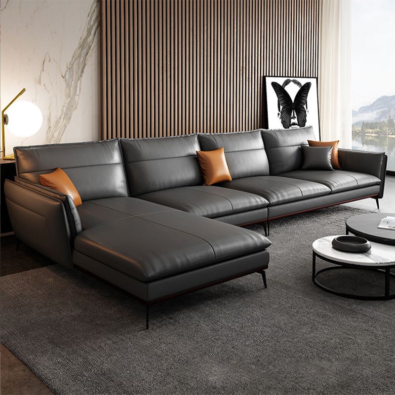 Contemporary Sofa Chaise Stationary Flared Arm Genuine Leather Sofa