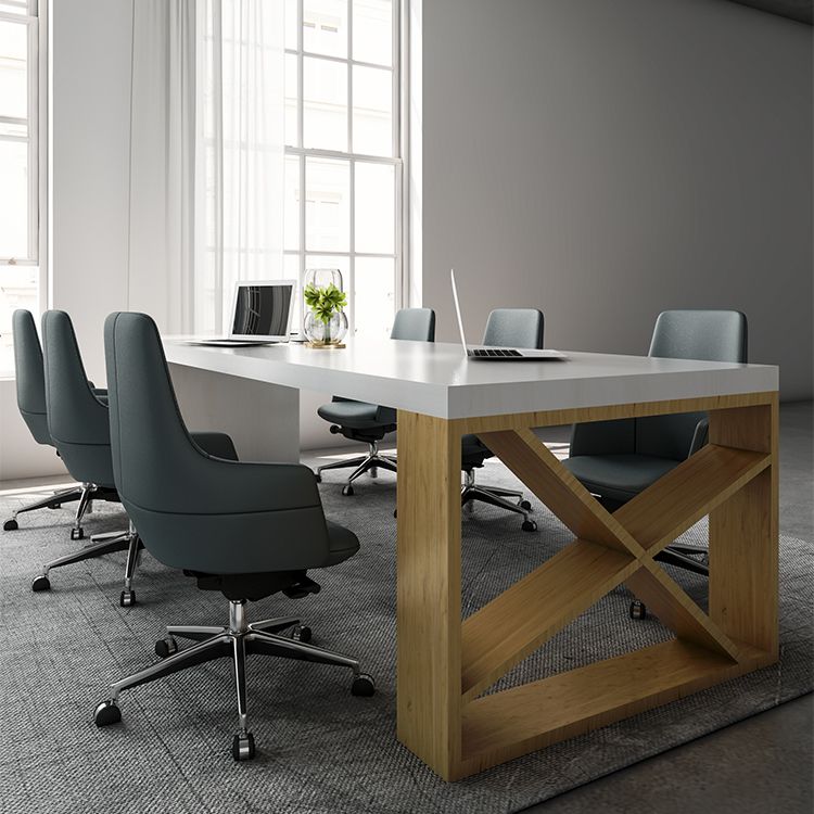 Mesa moderna de madera de pino para mesa blanca rectangular de restaurante con base de pedestal doble