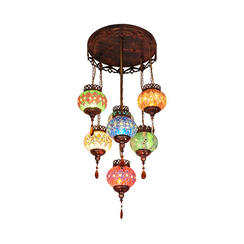 Global Cut Glass Hanging Light Bohemian 7-Head Kitchen Chandelier Lighting Fixture in Copper