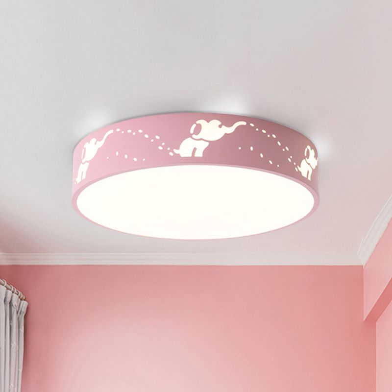 LED Bedroom Flush Mount Ceiling Fixture Kids Pink/White/Blue Flush Light with Cutouts Moon-Star/Cube/Elephant Iron Shade