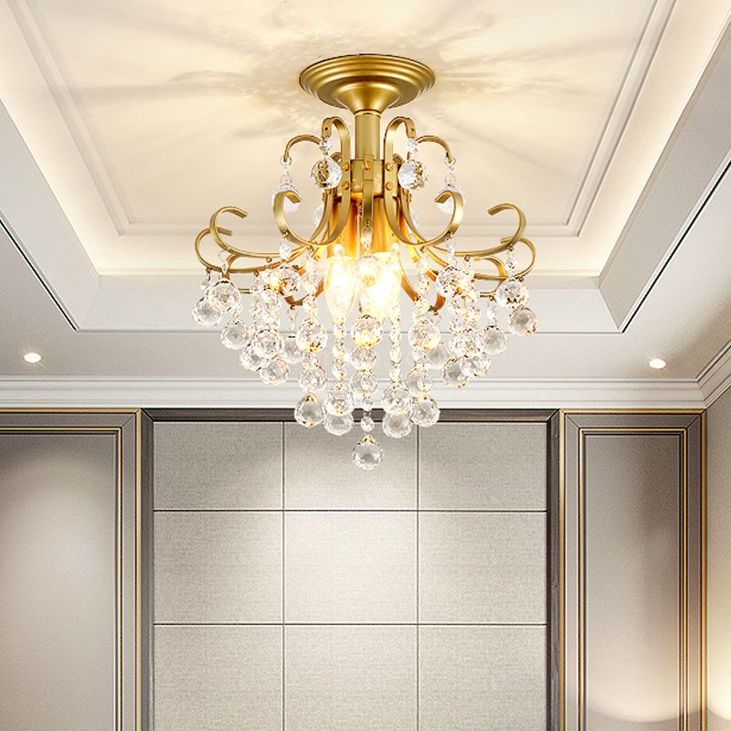Lámpara de techo con brazo curvo, bola de cristal facetada contemporánea, 3 luces, luz semiempotrada dorada/negra