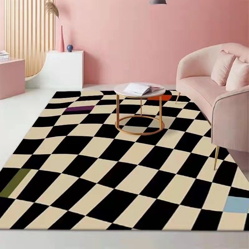 Modern Style Rectangle Shape Rug Lattice Living Room Carpet Polyester Washable Area Rug