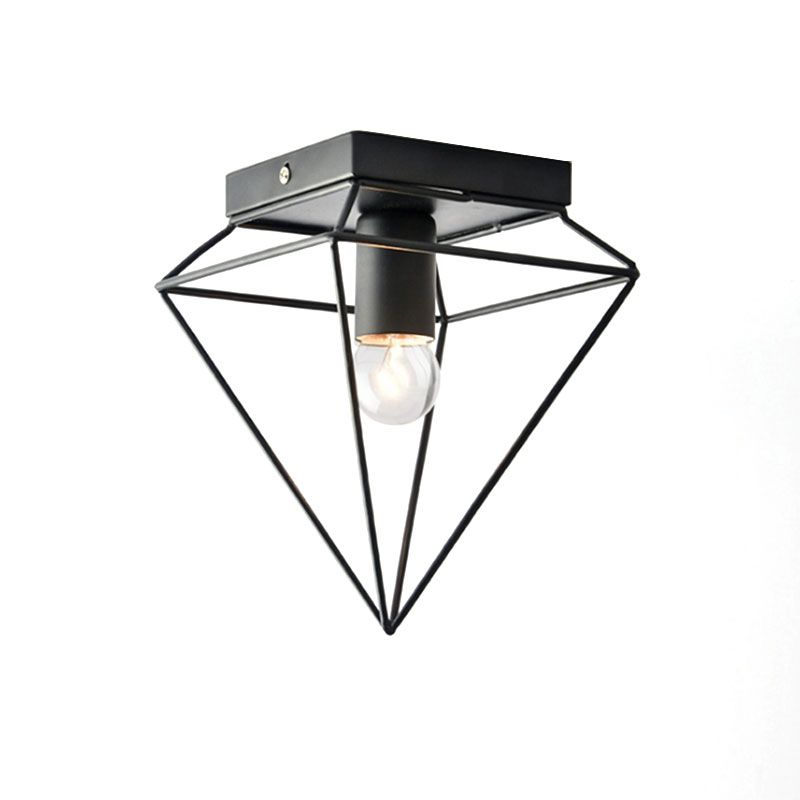 1 Light Cage Diamond Flush Mount Ceiling Light Loft Stylish Black/White Metallic Ceiling Lamp for Study Room