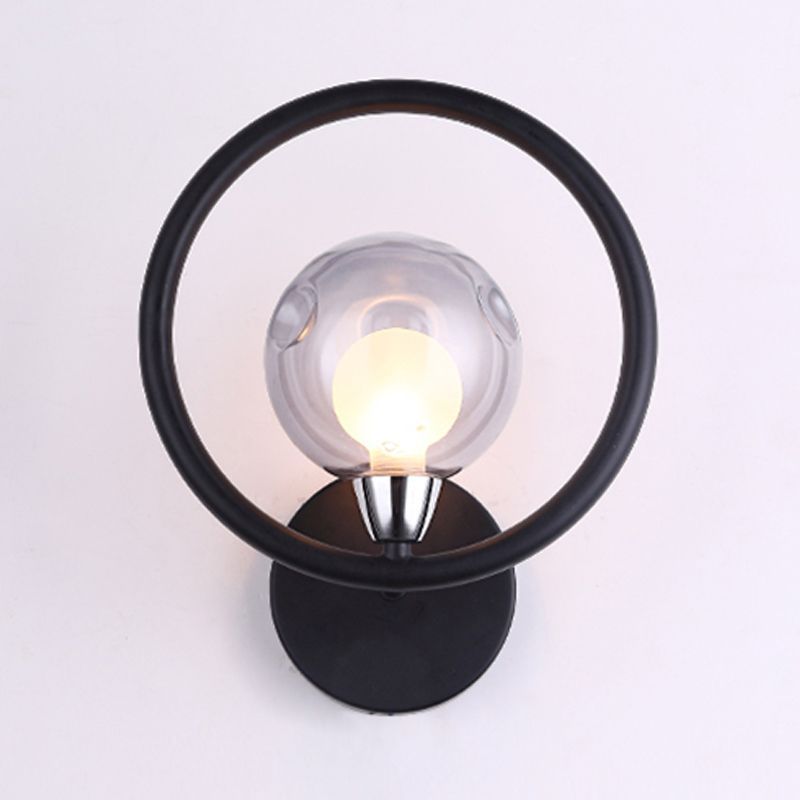 Black/White Ring Wall Light Sconce Modern Stylish 1 Bulb Metal Wall Lamp with Glass Ball Shade
